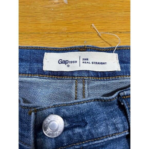 Gap 1969 Women's Jeans Size 29 R Real Straight Blue Whiskered Faded Embellished - Picture 3 of 10